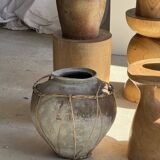 Stool, side table, cylindrical solid mango wood end table.