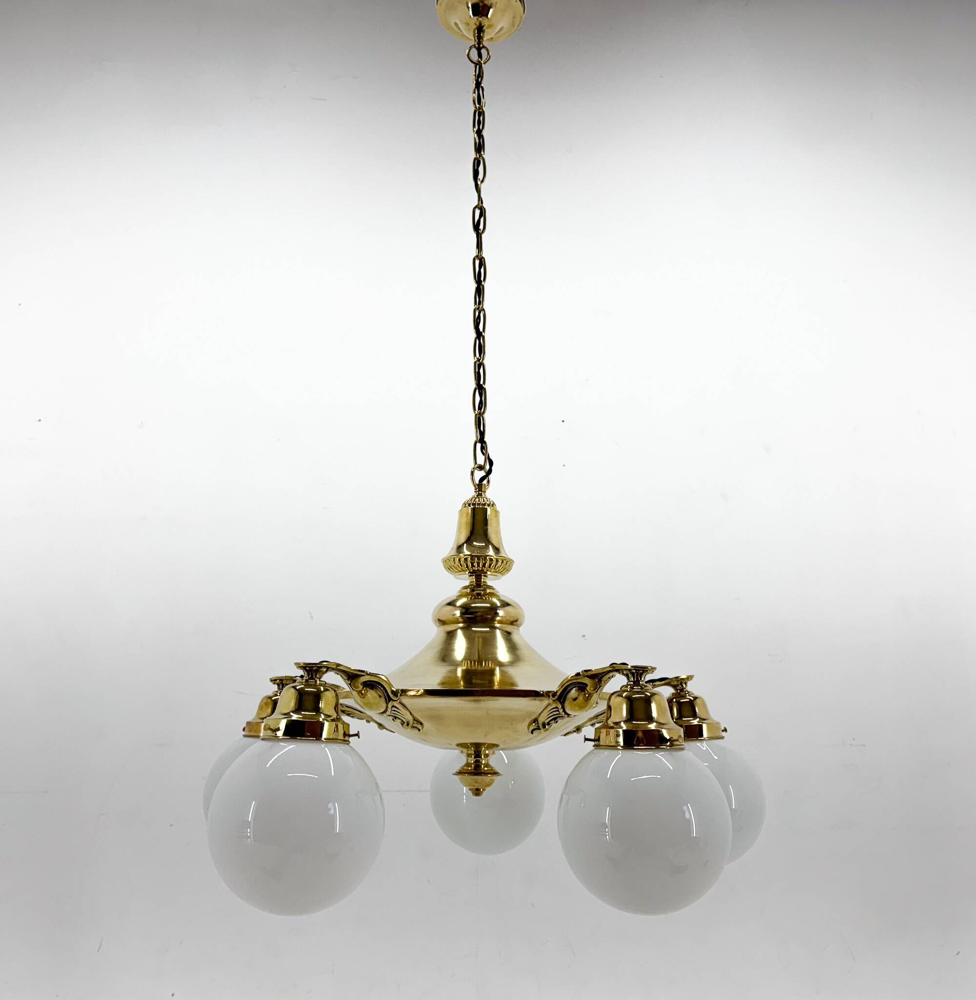 Large Art Deco Bras Chandelier, Restored