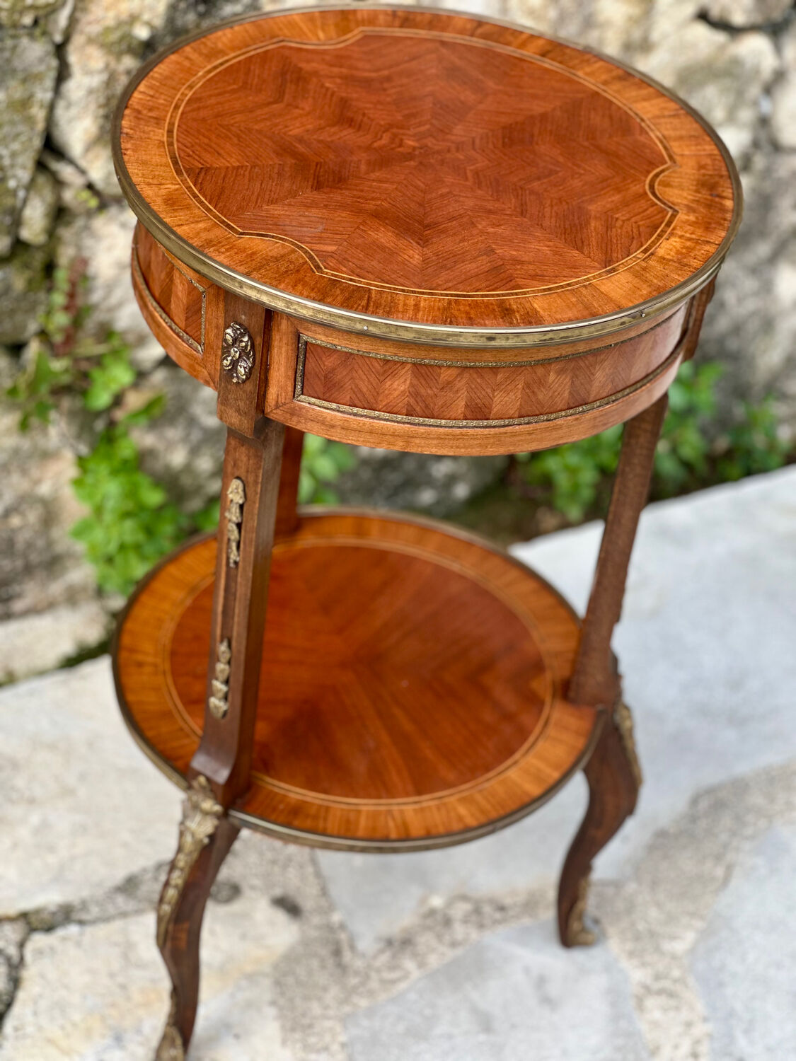 Small side table in precious wood marquetry in the Louis XV style.