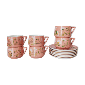 Sarreguemines set of 6 cups and hand-painted undercups