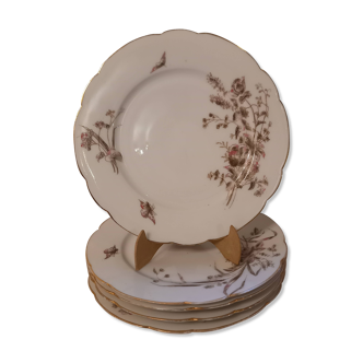 Lot de 5 petites assiettes à décor de fleurs et papillons,  porcelaine de Limoges, Haviland vintage