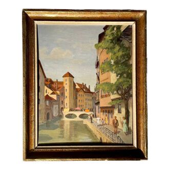 1940s French oil painting on wood. Cityscape