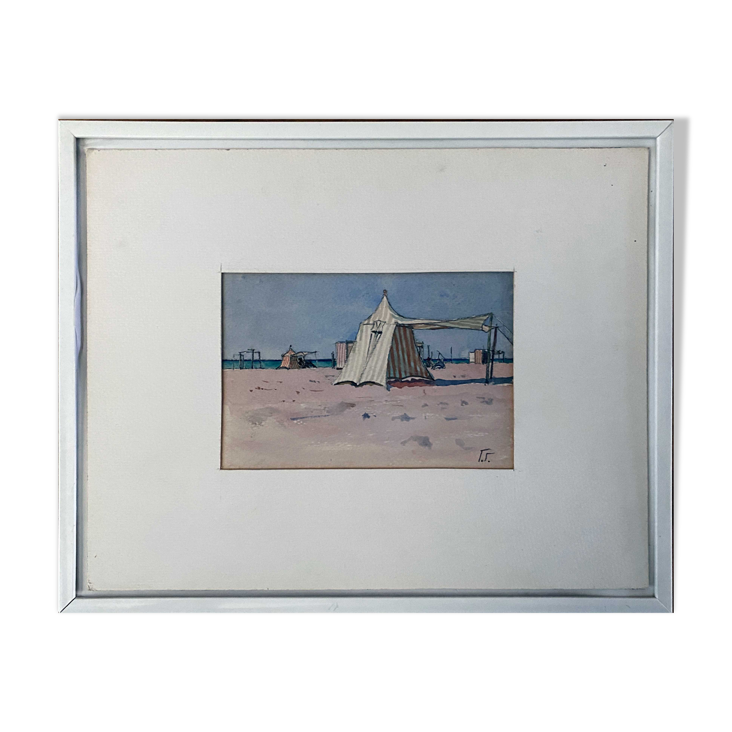 Watercolor Painting Seaside Normandy Beach? monogram 1957