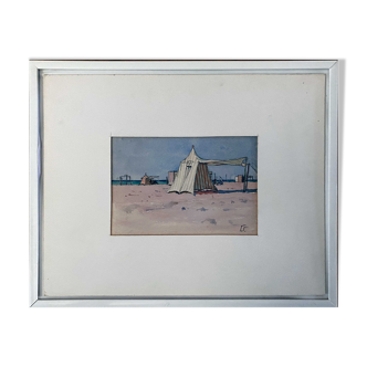 Watercolor Painting Seaside Normandy Beach? monogram 1957