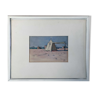 Tableau Aquarelle Bord de mer Plage normandie ? monogramme 1957