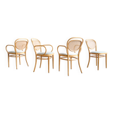 Ensemble de 4 chaises Thonet 215P en hêtre avec cannage d’origine et velour