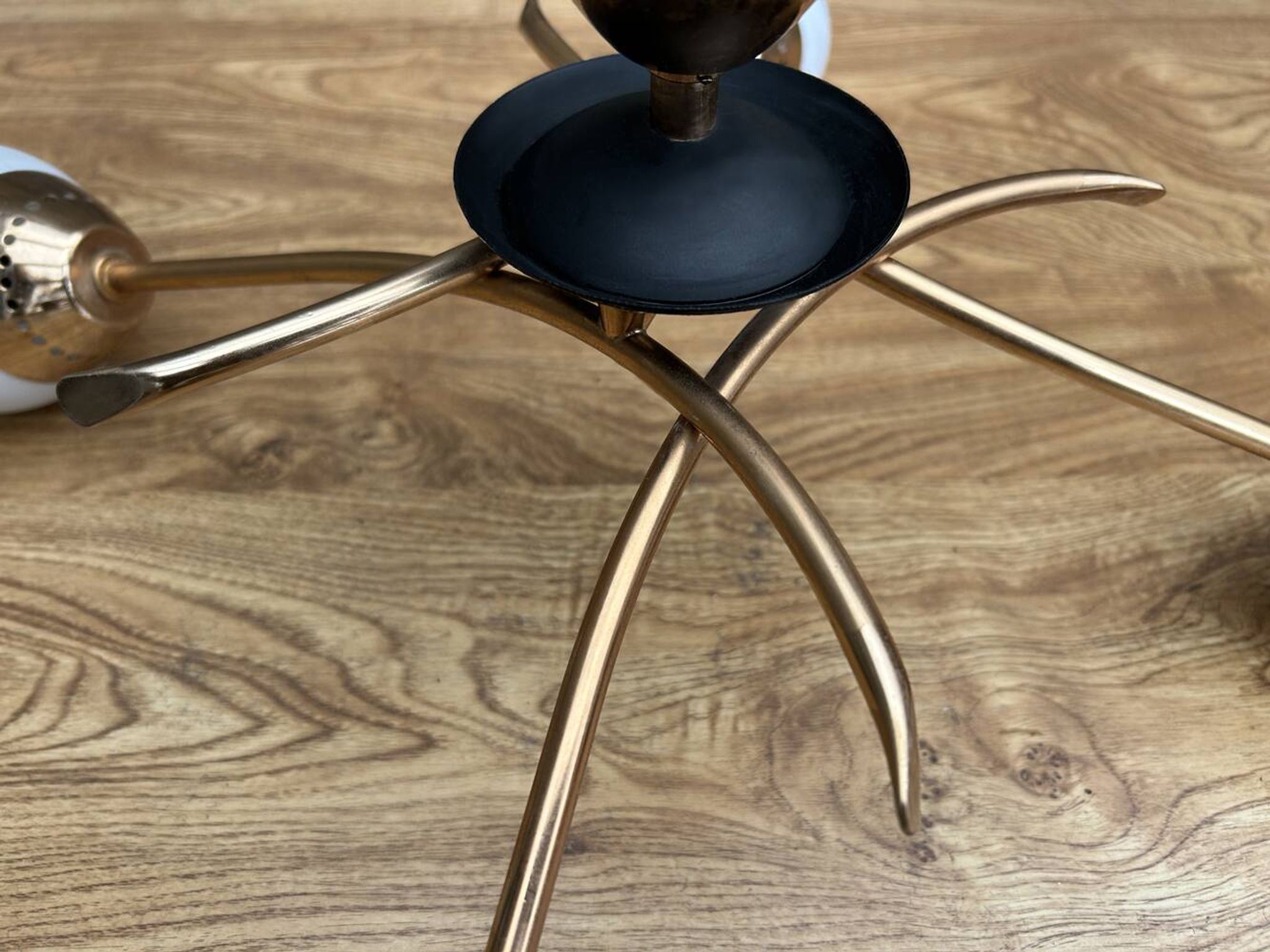 Four-light pendant lamp, brass and opaline glass, Maison Arlus, Paris, vintage 1970s
