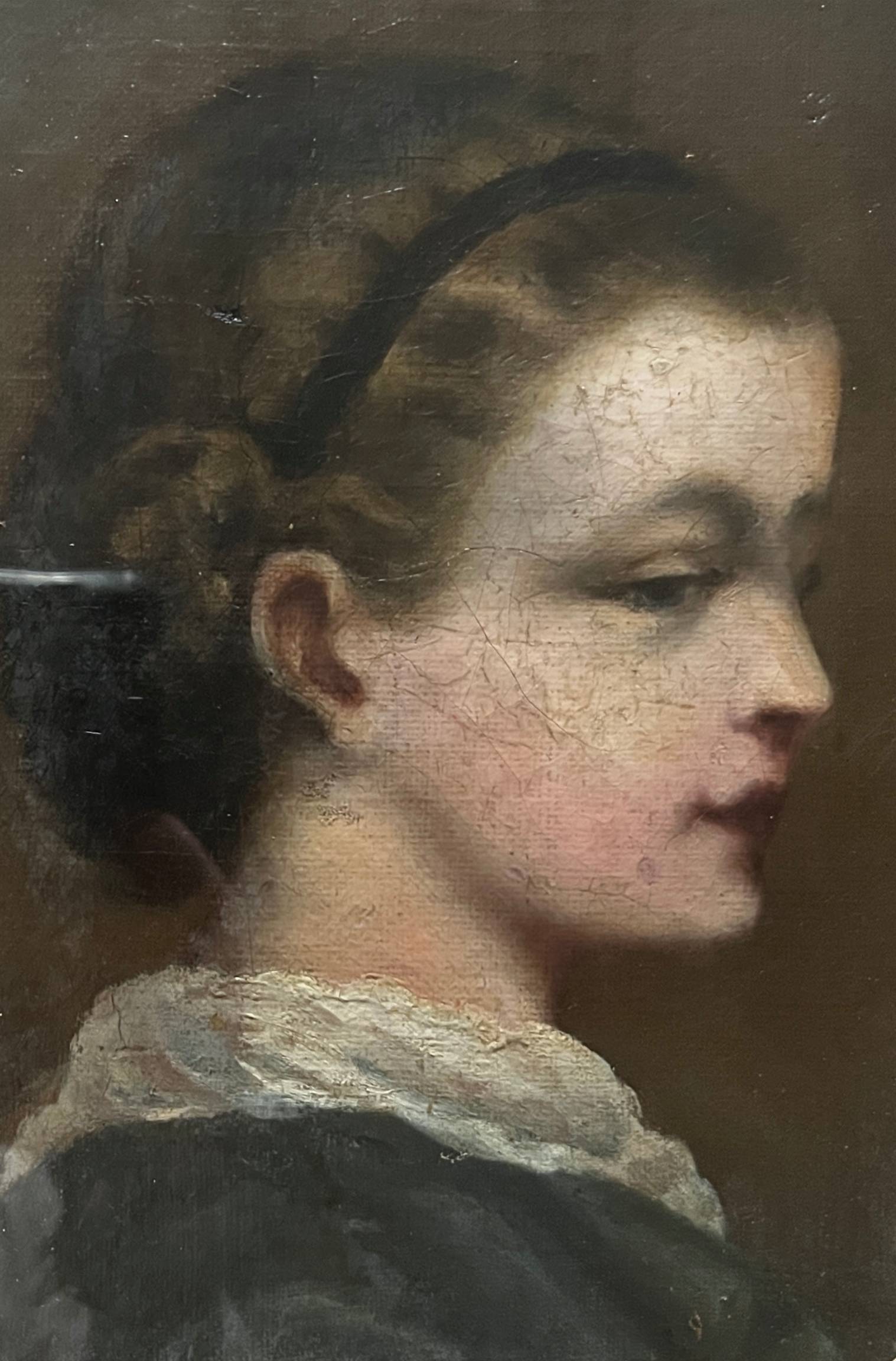 HST/P painting "Family portrait, Young woman" 19th century + frame