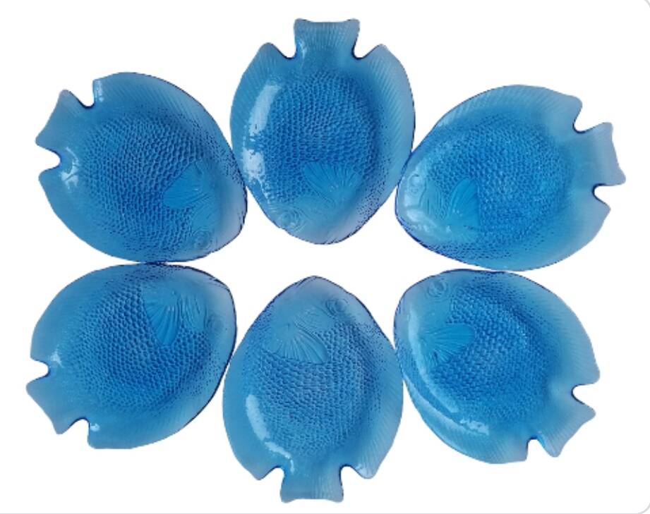 6 blue fish zoomorphic glass plates