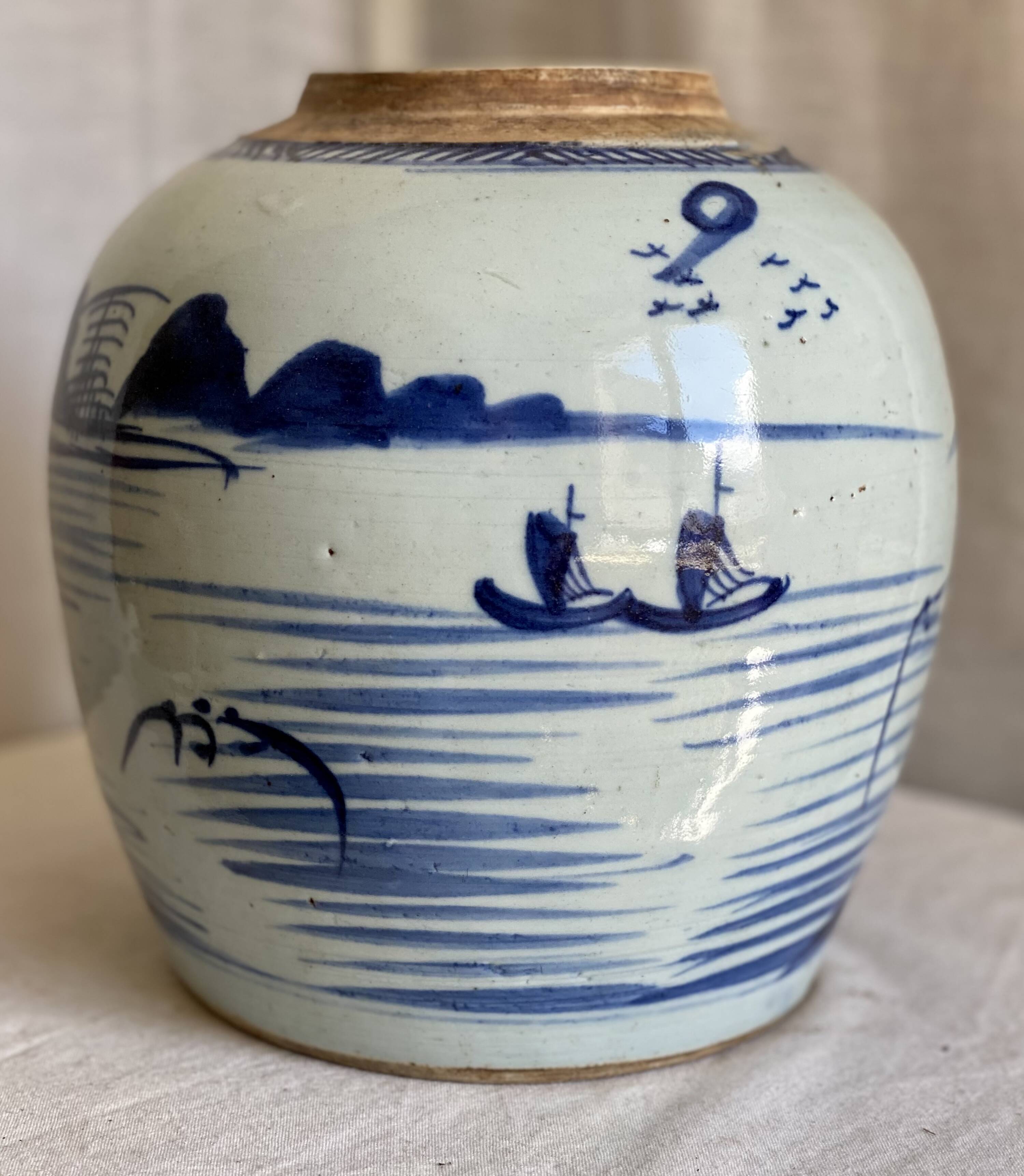 Vase céramique Chinoise XIXé s. blanc bleu pot oriental