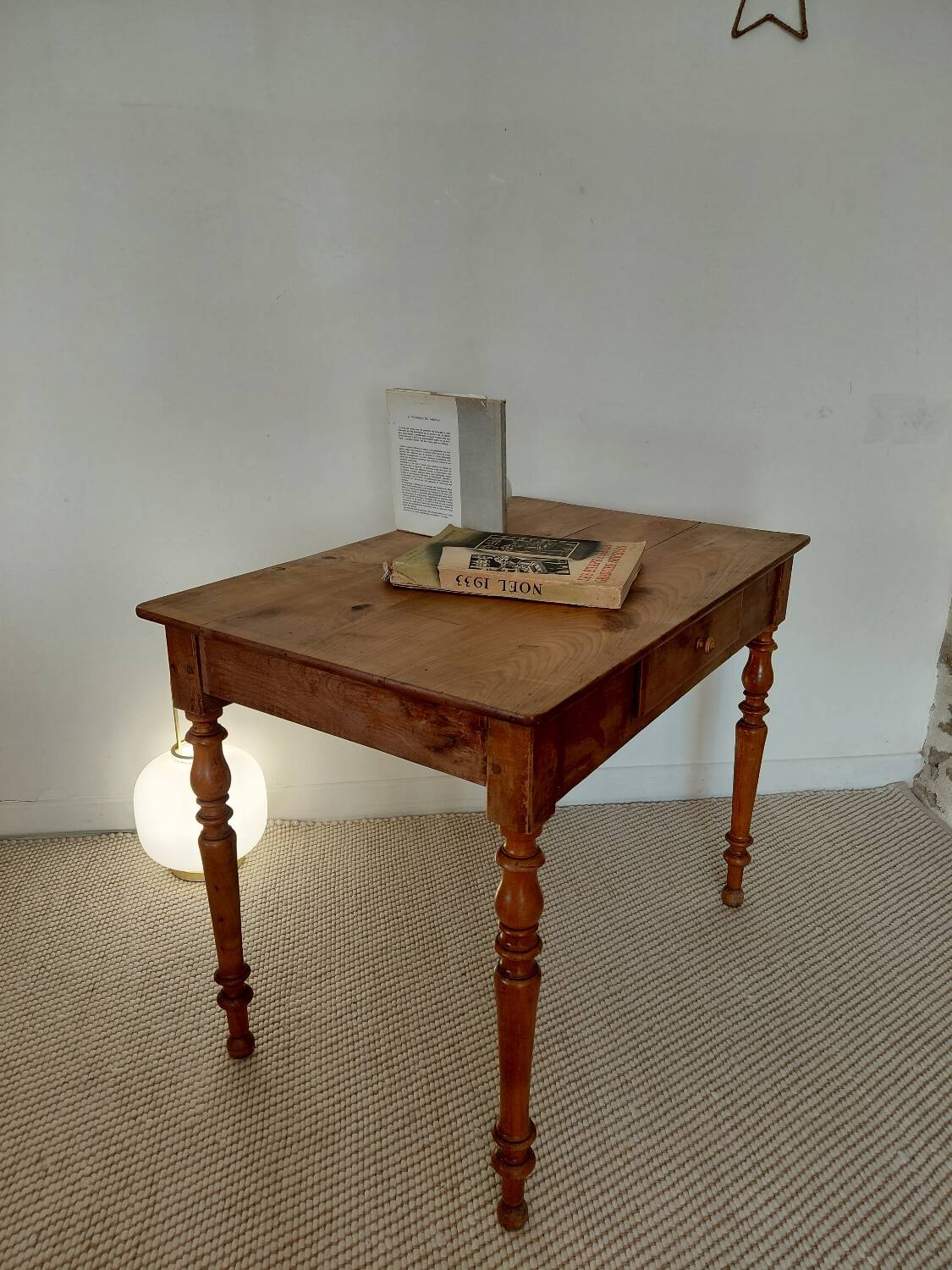 Old solid wood console - turned legs - drawer in chic country style