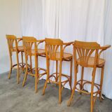 Ensemble de 4 chaises hautes de bar vintage en bois courbé avec accoudoirs / Couleur bois naturel