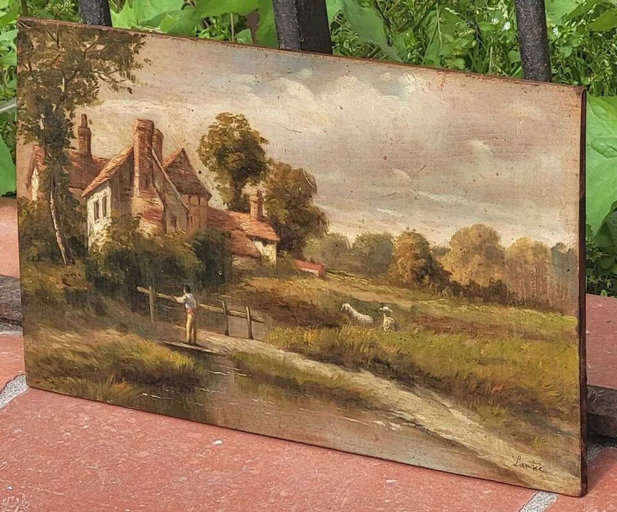 Antique Painting Signed and Dated Animated Landscape Oil Painting on Wood Panel