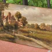 Antique Painting Signed and Dated Animated Landscape Oil Painting on Wood Panel
