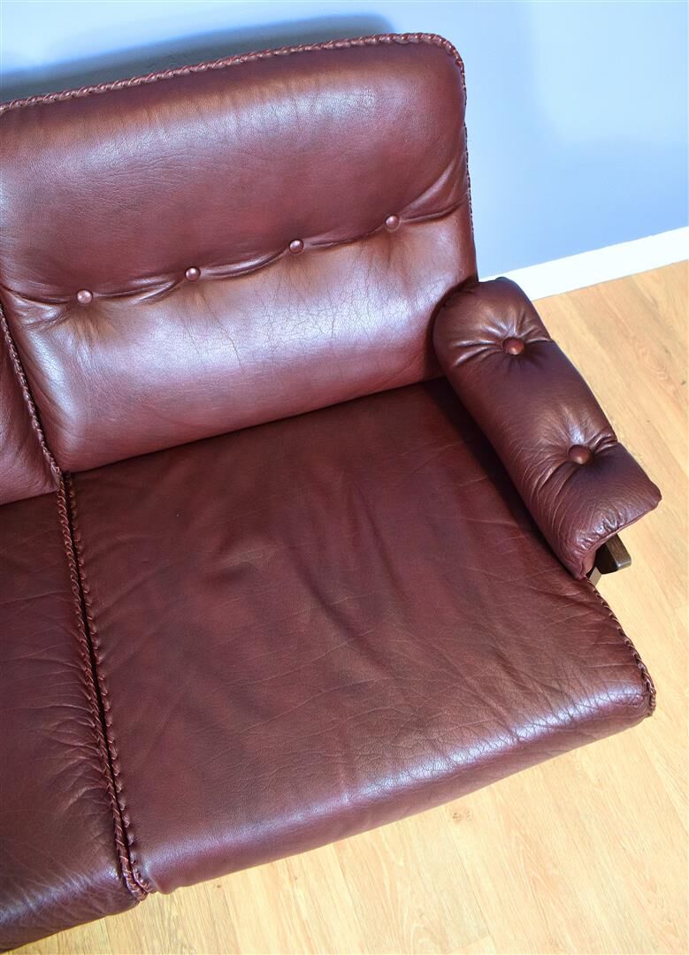 Mid Century Retro Swedish Burgundy Leather Arne Norell 3 Seat Sofa 70s