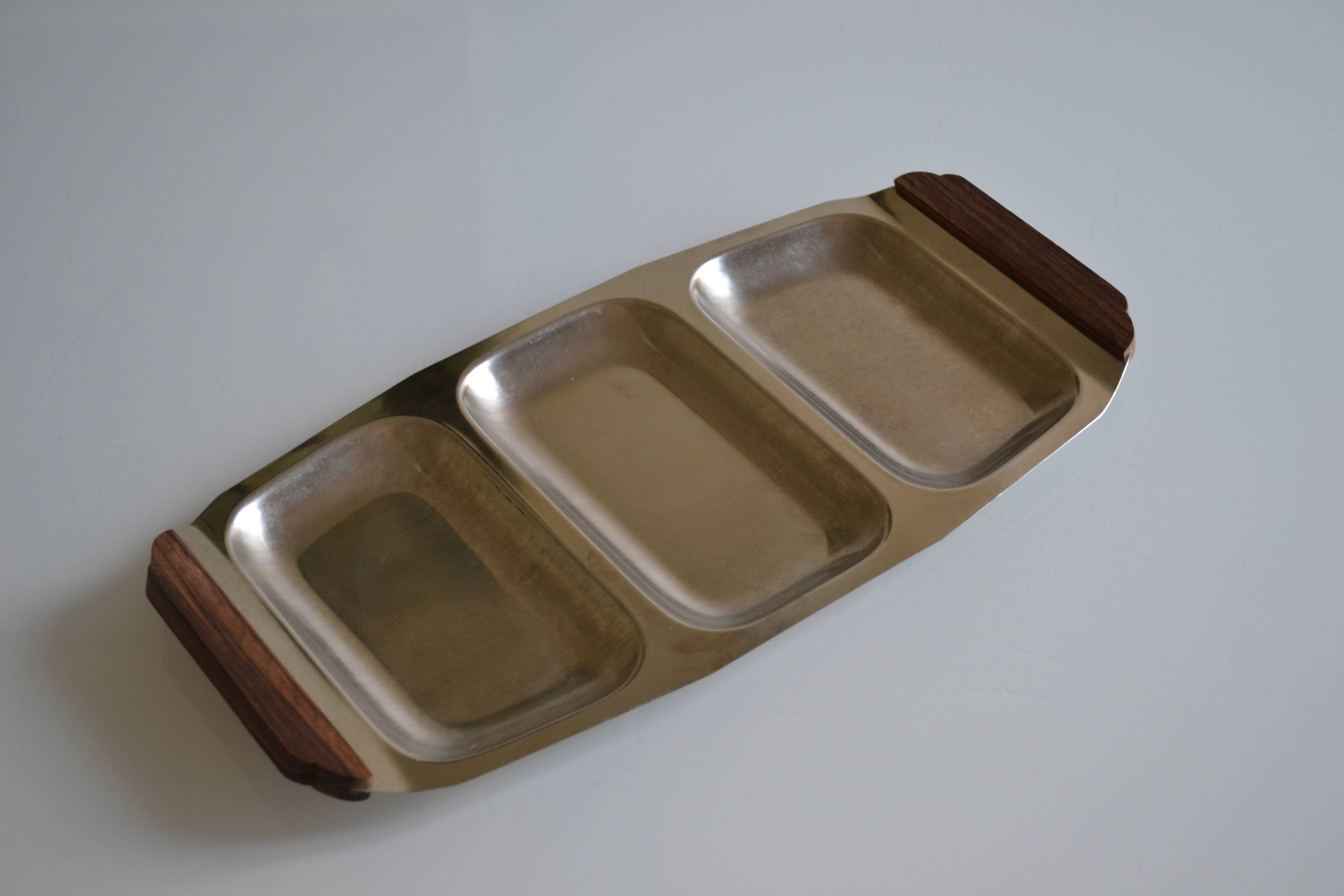 Plat de service vintage inox poignées teck made in Japan