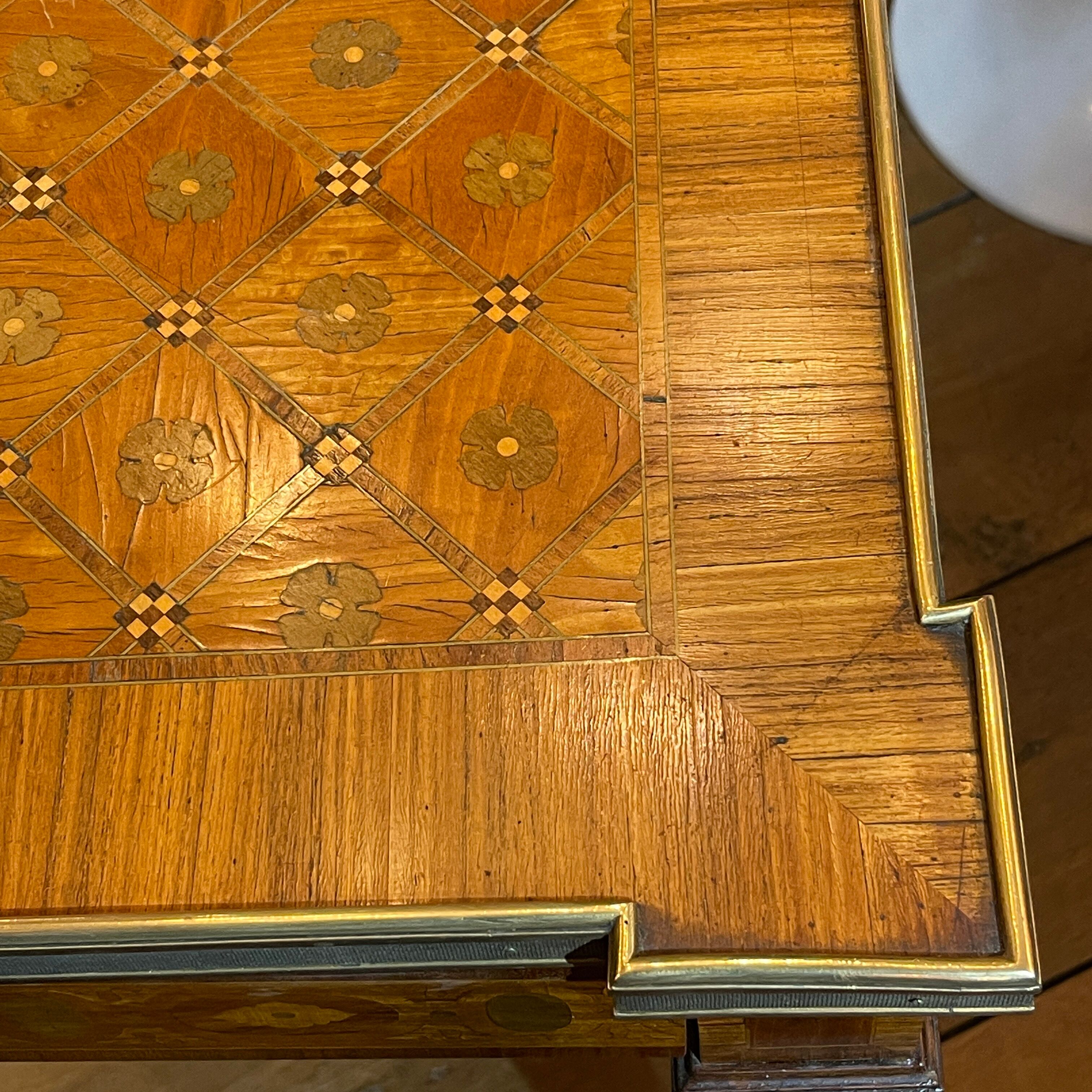 Louis XVI Directoire desk table richly inlaid, brass belt and 2 drawers, 19th century