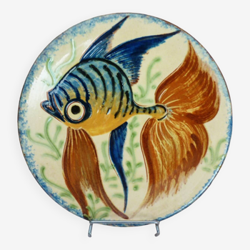 Plat au poisson en céramique, terre cuite vernissée signé Puigdemont, années 60
