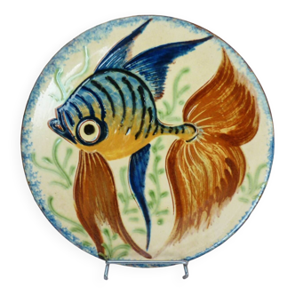 Plat au poisson en céramique, terre cuite vernissée signé Puigdemont, années 60