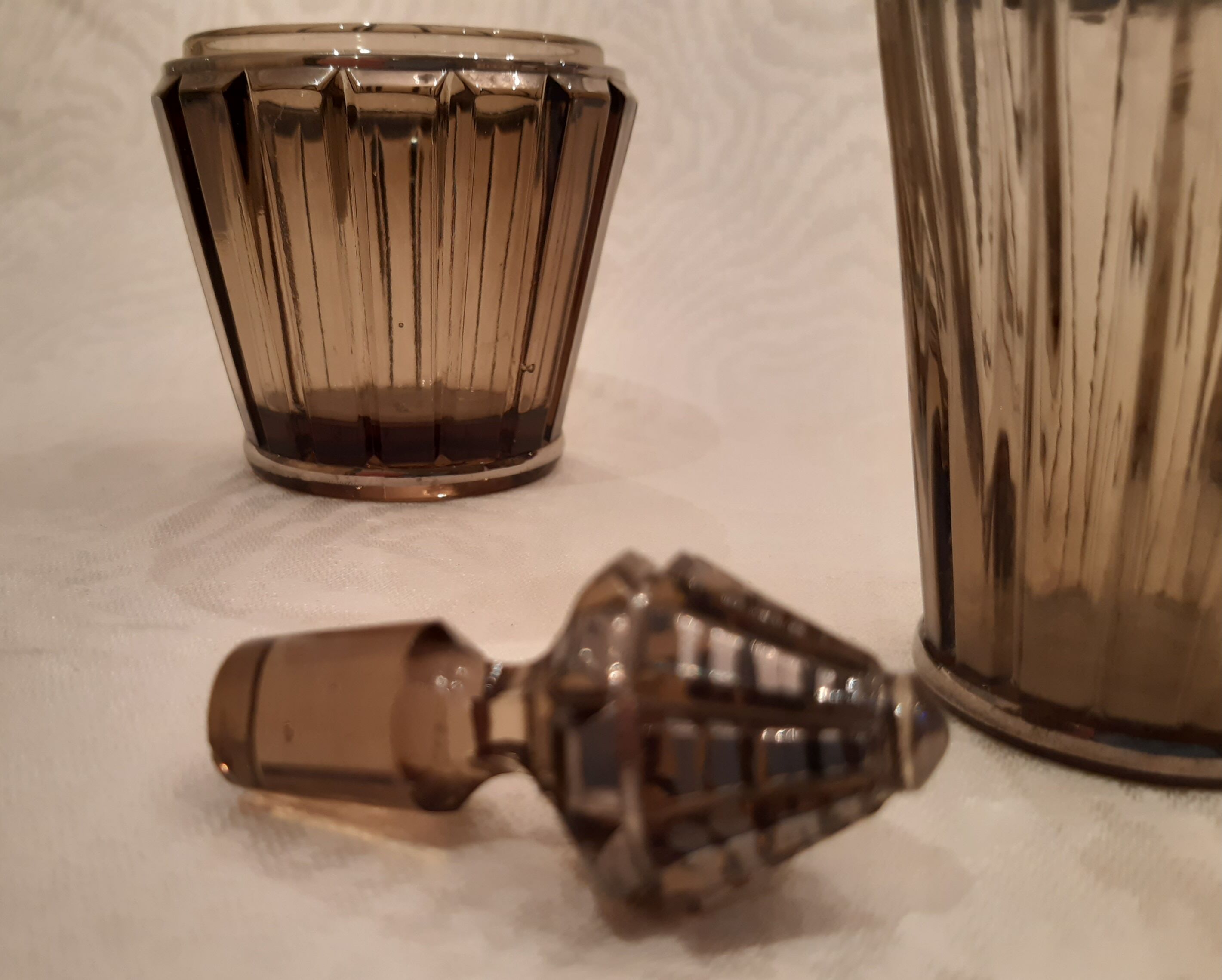 Carafe, glass and pot Portieux in smoked glass and silver art deco