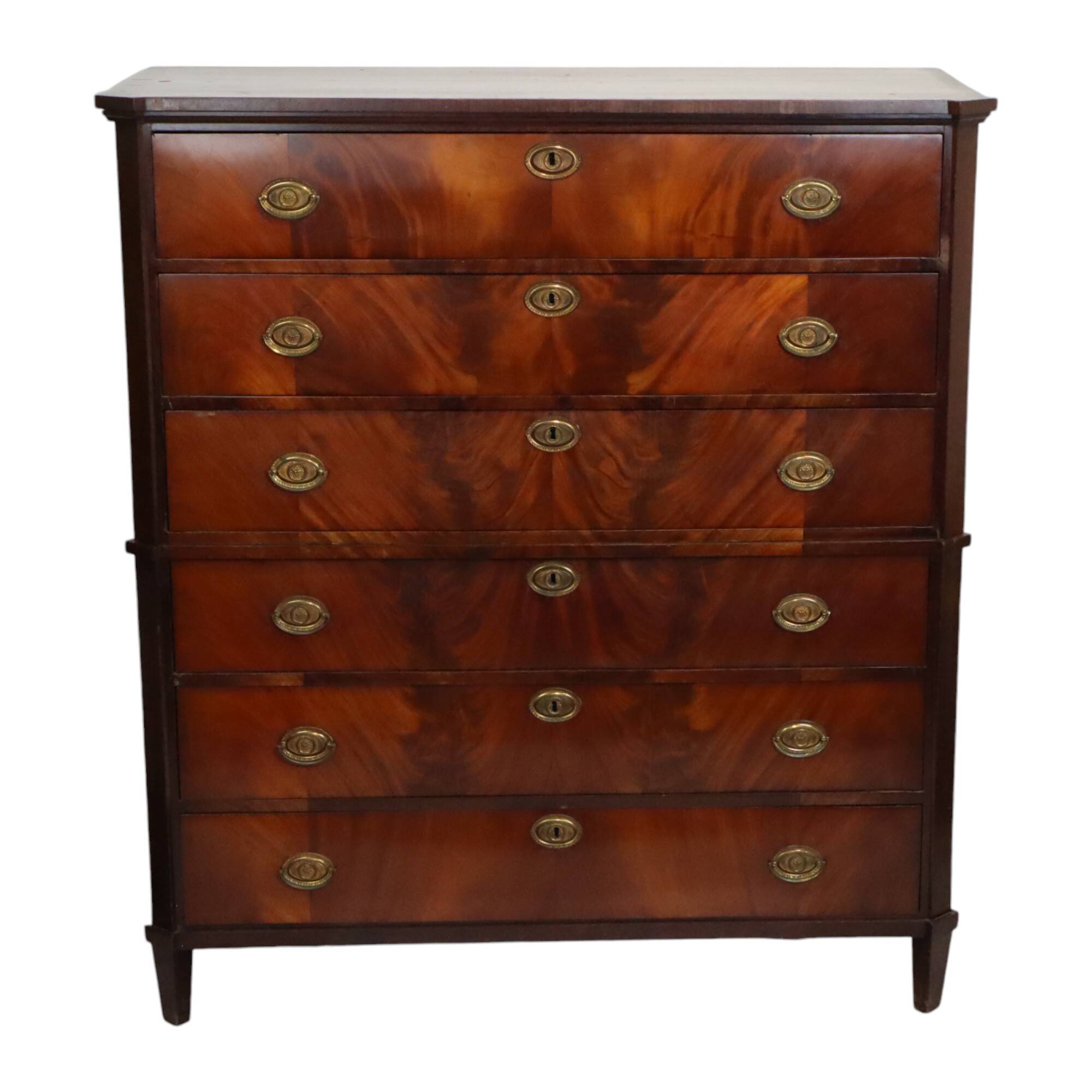 Commode Chiffonnière Ancienne en Acajou Flammé sur Chêne XIXe Siècle