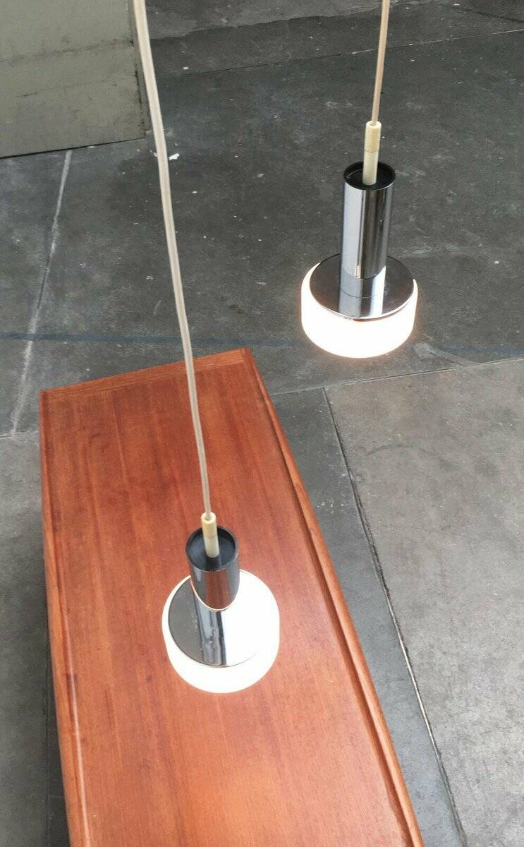 Suspended glass and chrome lamps model P105 German Mid-Century Space Age from the 1960s by Staff, set of 2.