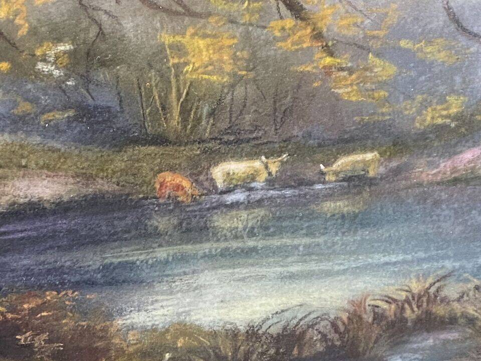 Late 19th century pastel painting signed A. Leroumeau with cows near the pond