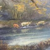 Tableau pastel fin XIXe signé A. Leroumeau aux vaches près de l'étang