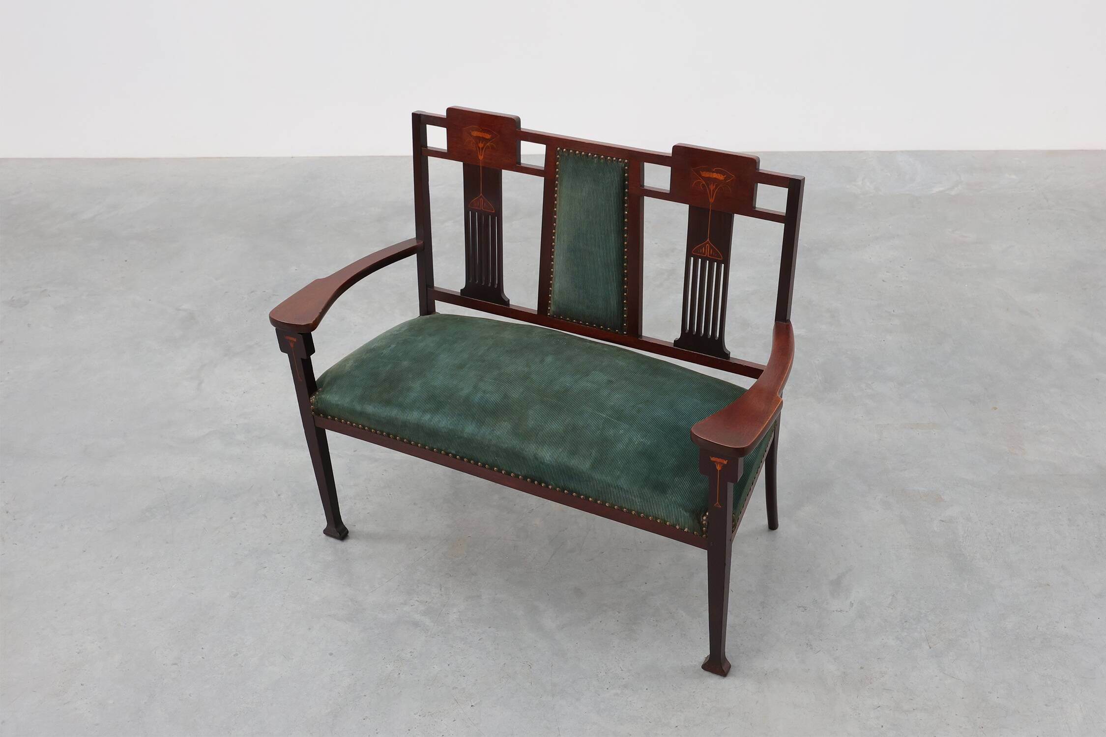 Art Nouveau Walnut Settee with Floral Marquetry, Belgium, ca. 1900
