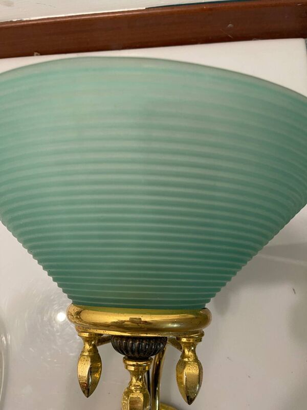 Lot de 2 grandes appliques en verre de Murano vert et laiton