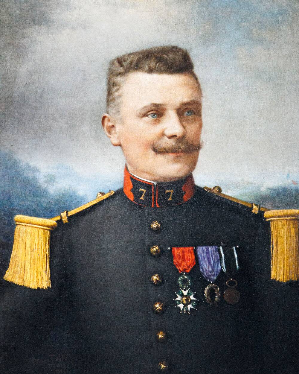Antique portrait painting of a decorated gentleman with icy blue eyes