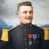 Antique portrait painting of a decorated gentleman with icy blue eyes