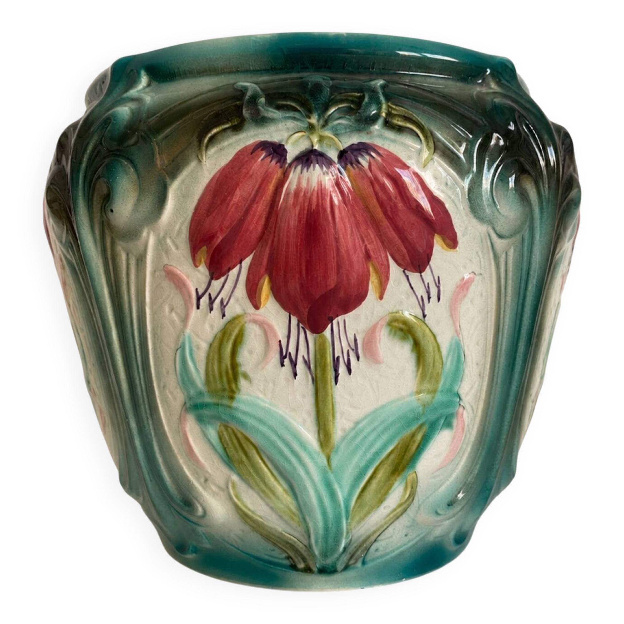 Large antique cache-pot in art nouveau majolica.