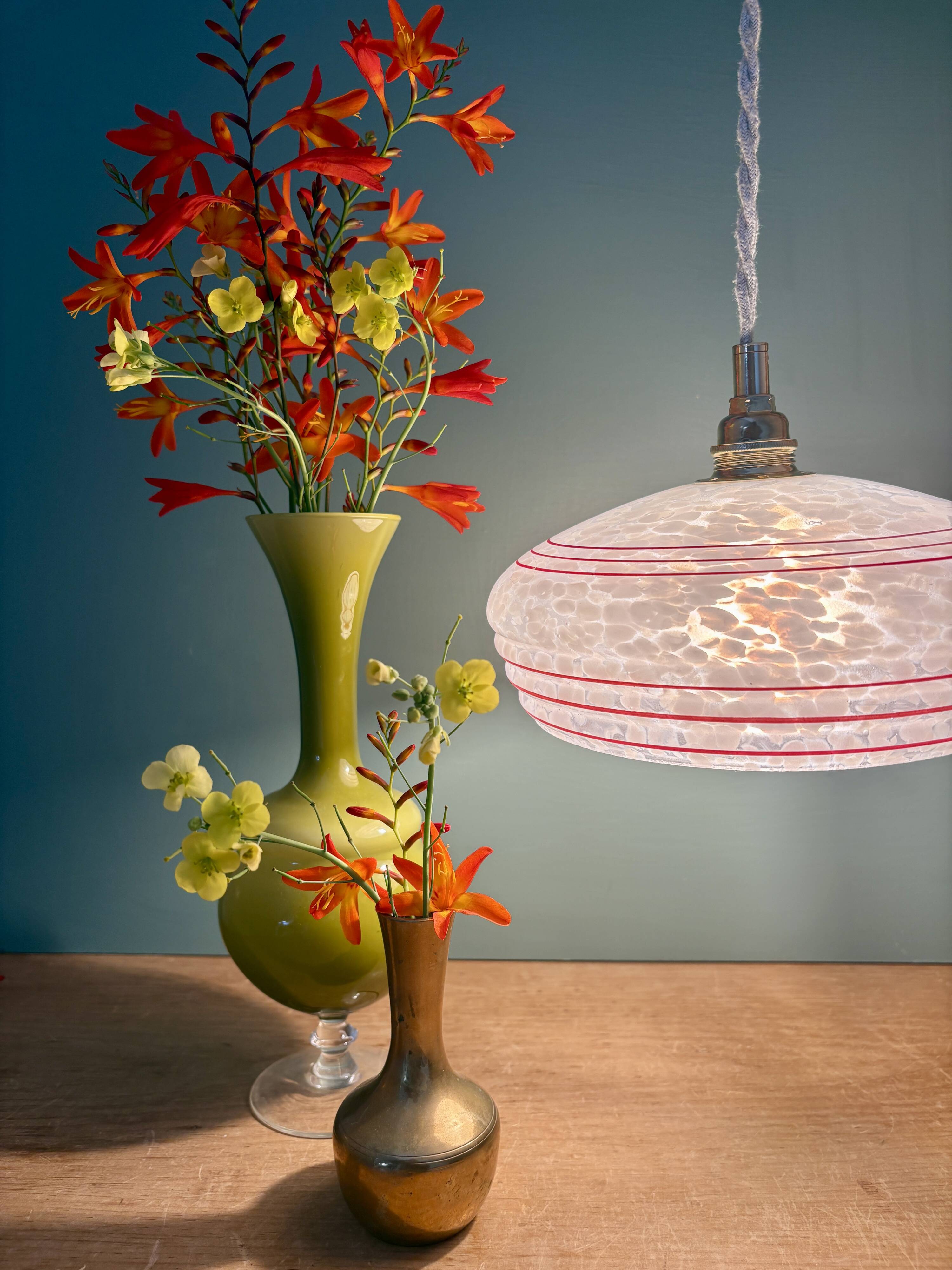 Vintage white clichy glass lampshade pendant light with red trim