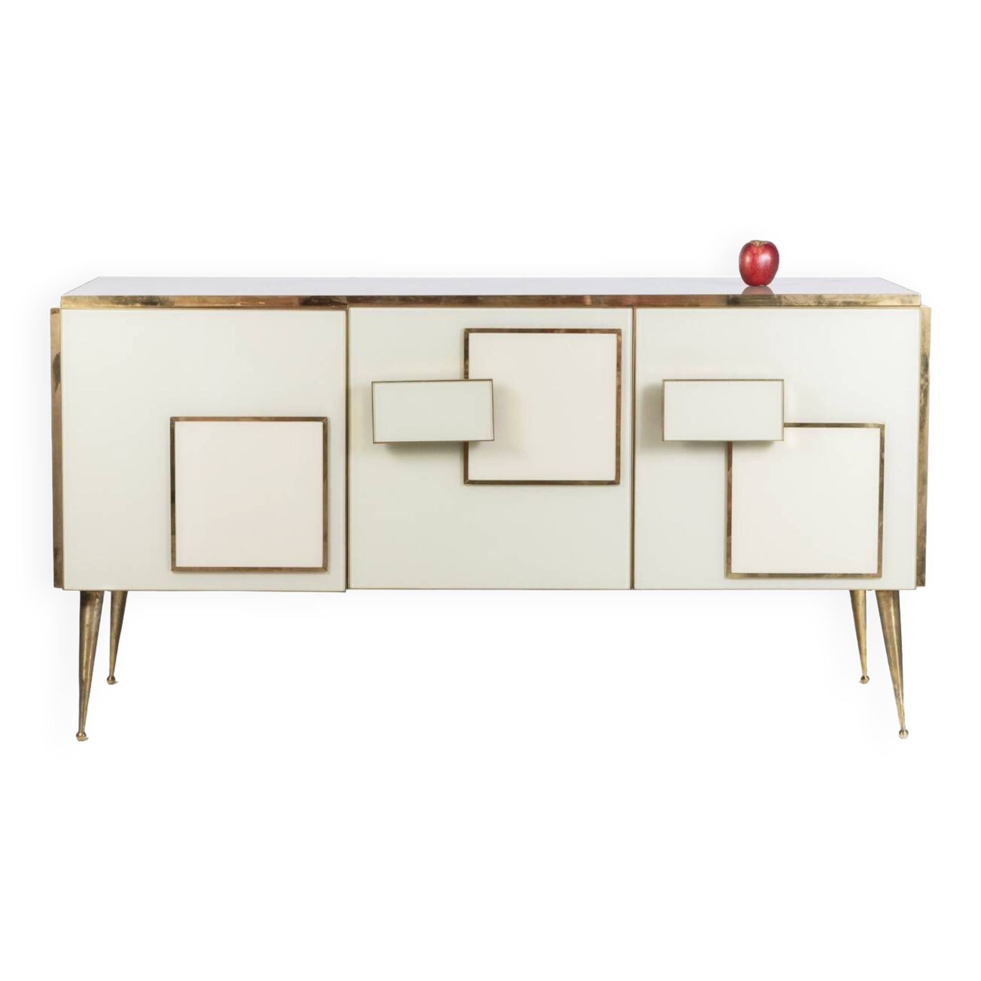 Geometric sideboard in glass and gilded brass. Contemporary Italian work.
