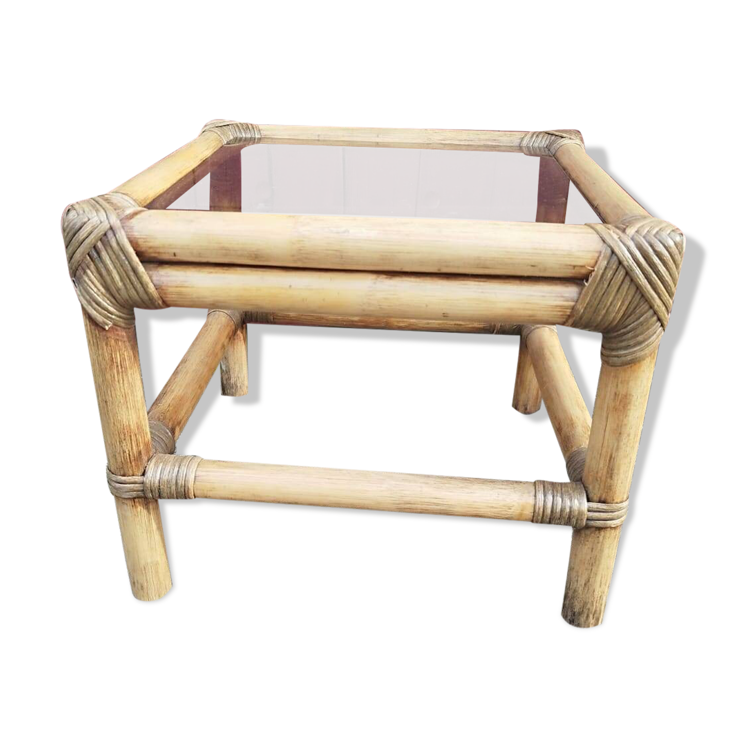 Small coffee or bedside table in rattan and vintage smoked glass