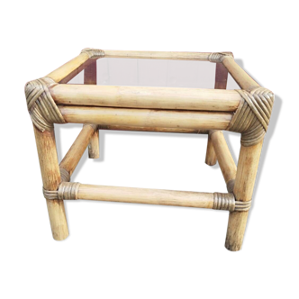 Small coffee or bedside table in rattan and vintage smoked glass