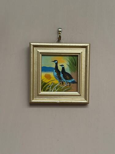 Mid-Century Oil on Panel – “ Birds” by Unknown, Vintage & Framed 11 × 11 cm