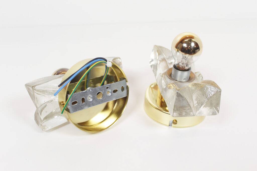Set (2) of 1970s petite brass & glass wall lights by Sische