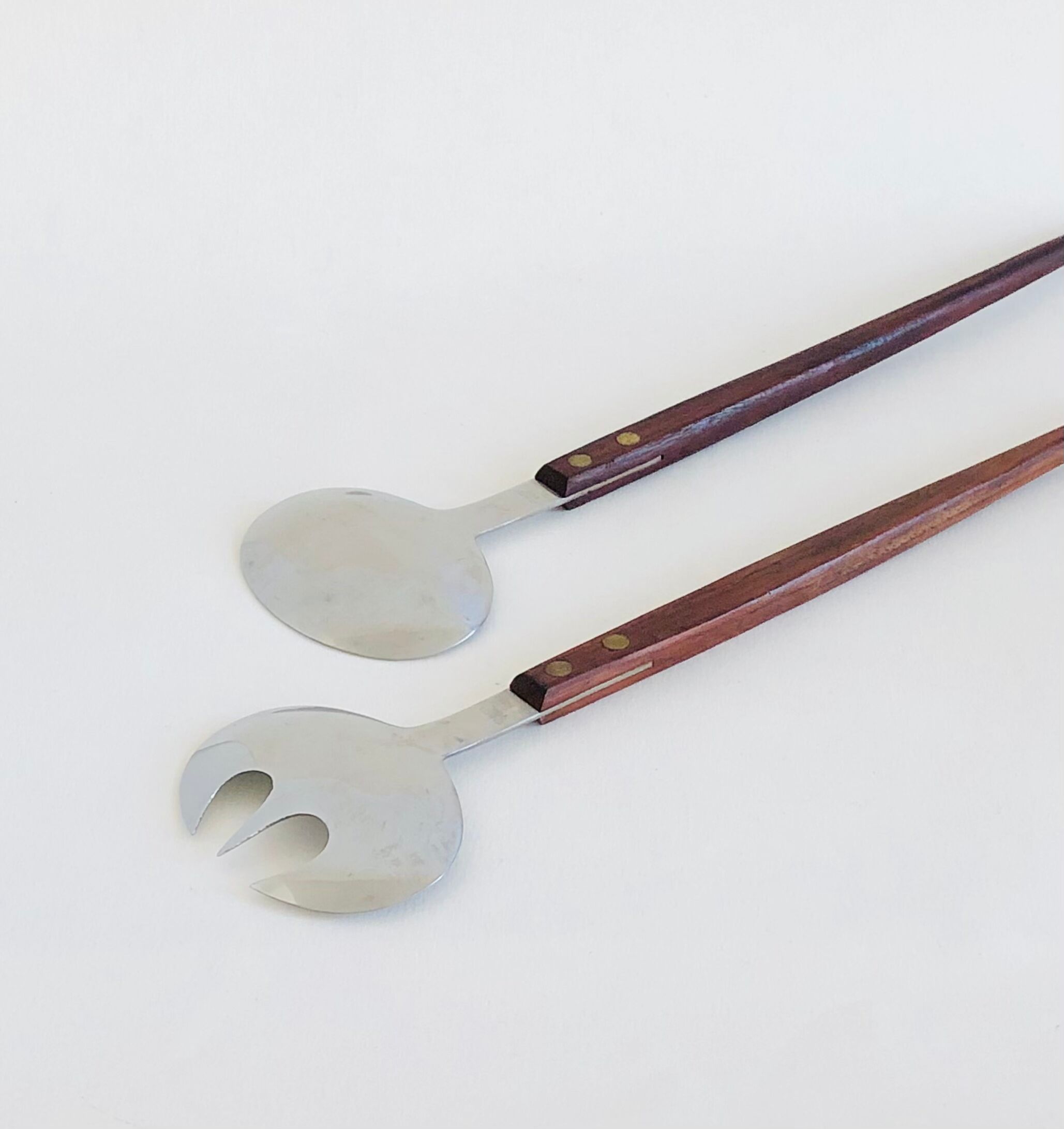 Set of Scandinavian salad cutlery, salt and pepper shaker in teak and steel