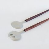 Set of Scandinavian salad cutlery, salt and pepper shaker in teak and steel