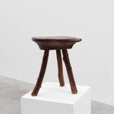 French wabi sabi low tripod stool in solid wood, 1850s