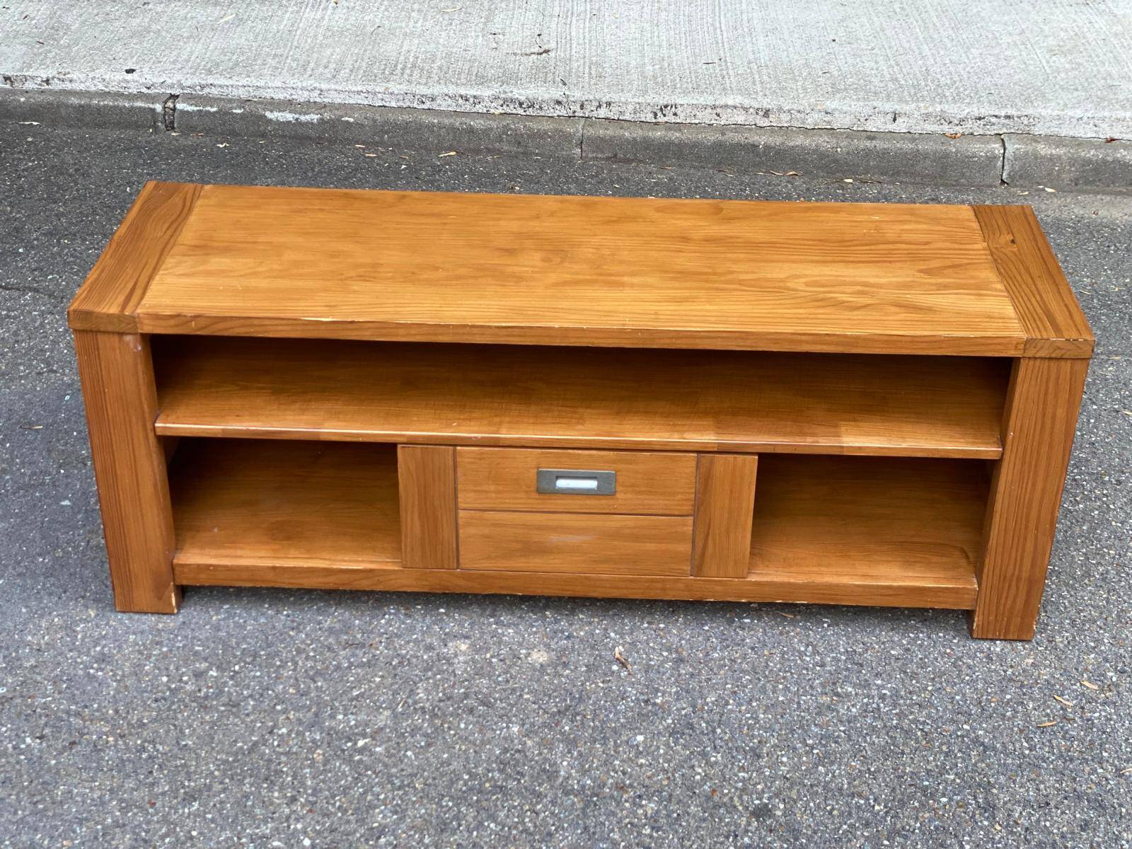 Solid pine wood TV unit stained with drawer and storage.