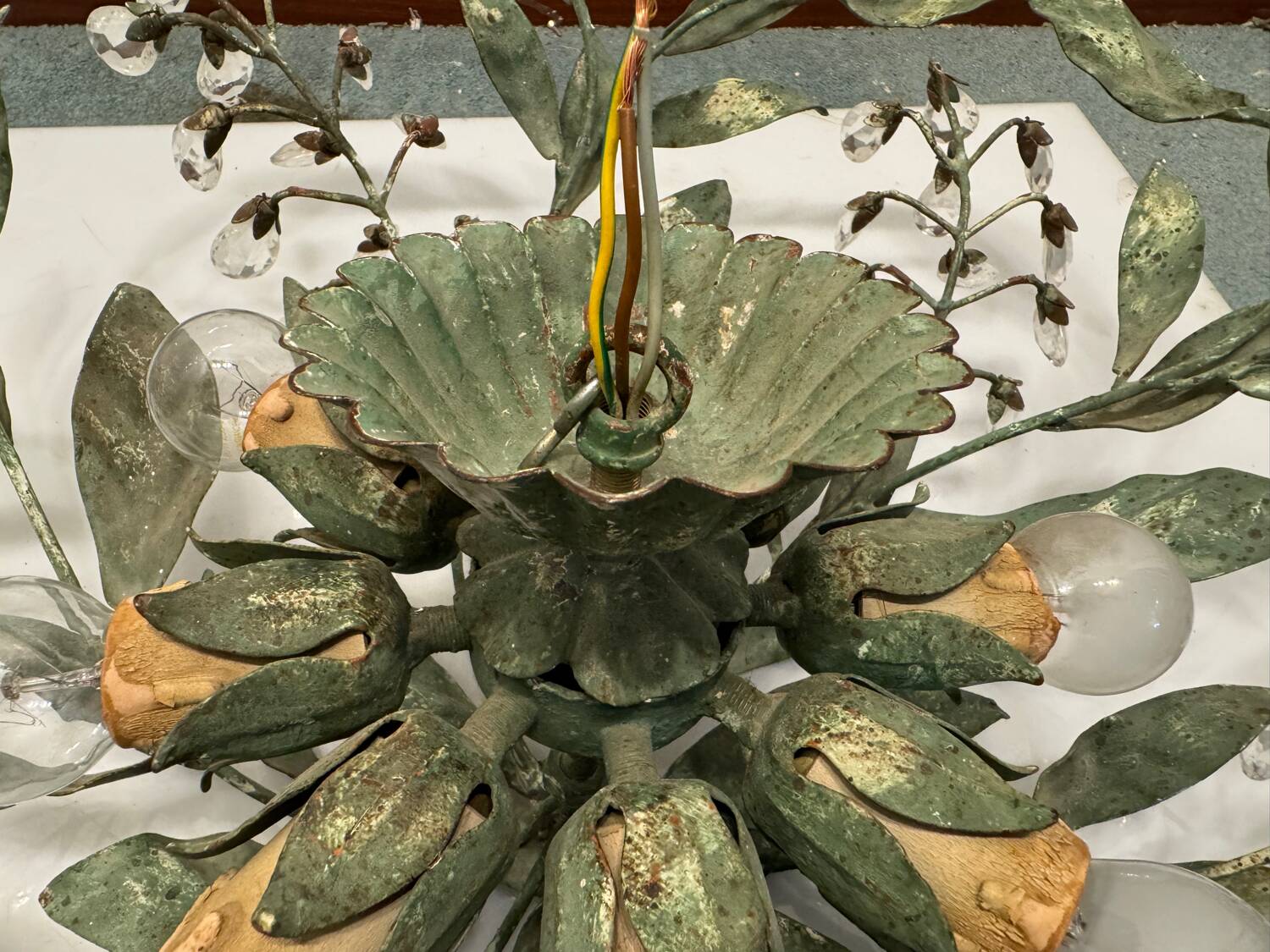 Large Florentine Tole Crystal Flushmount 1960’s