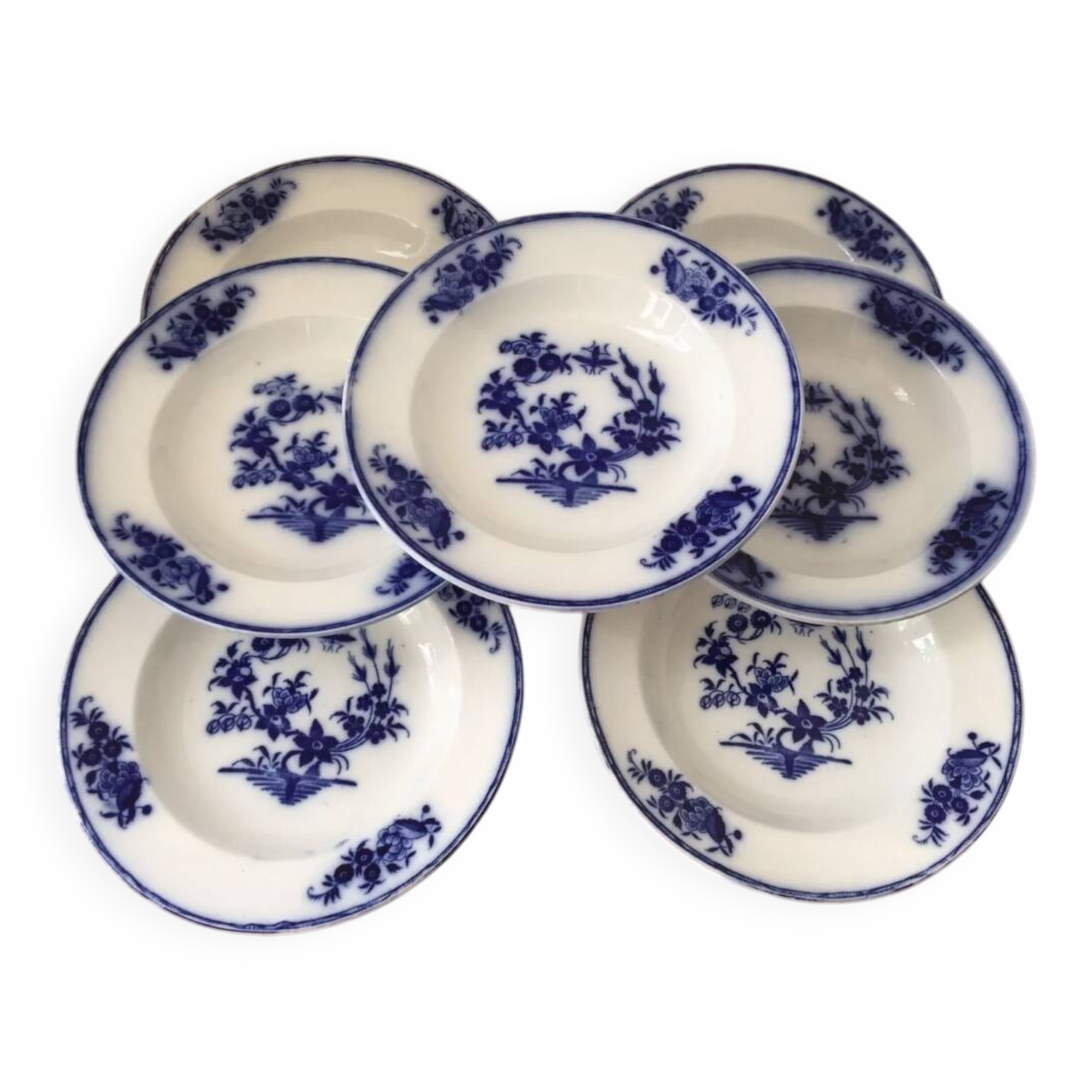 Set of 7 soup plates, Grand Bouquet Boch-Frères Keramis, 19th century