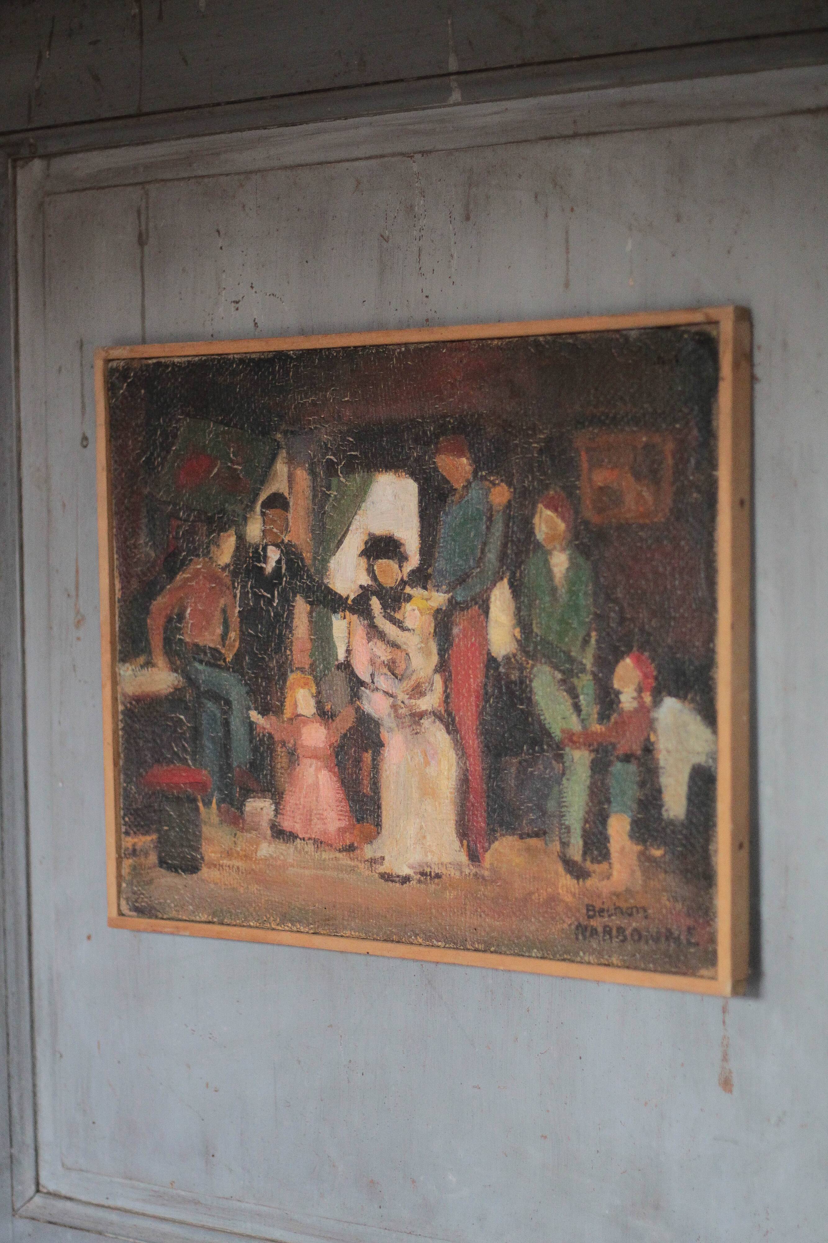 Painting signed Béchon-Sauzeau, oil on canvas, scene of characters.