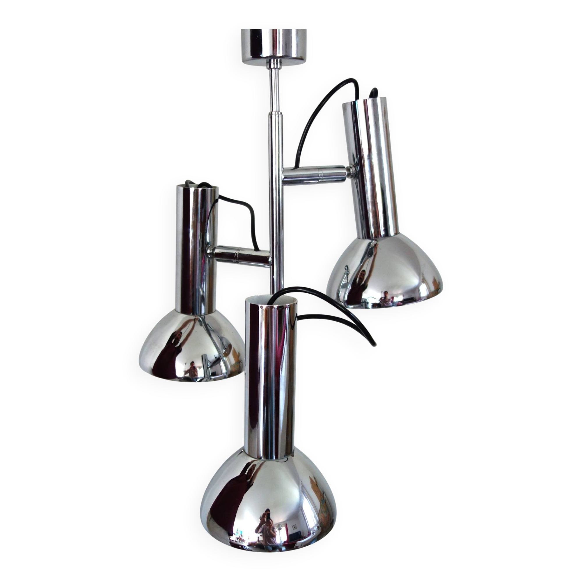 Chrome metal 3-spot chandelier from the 1970s.