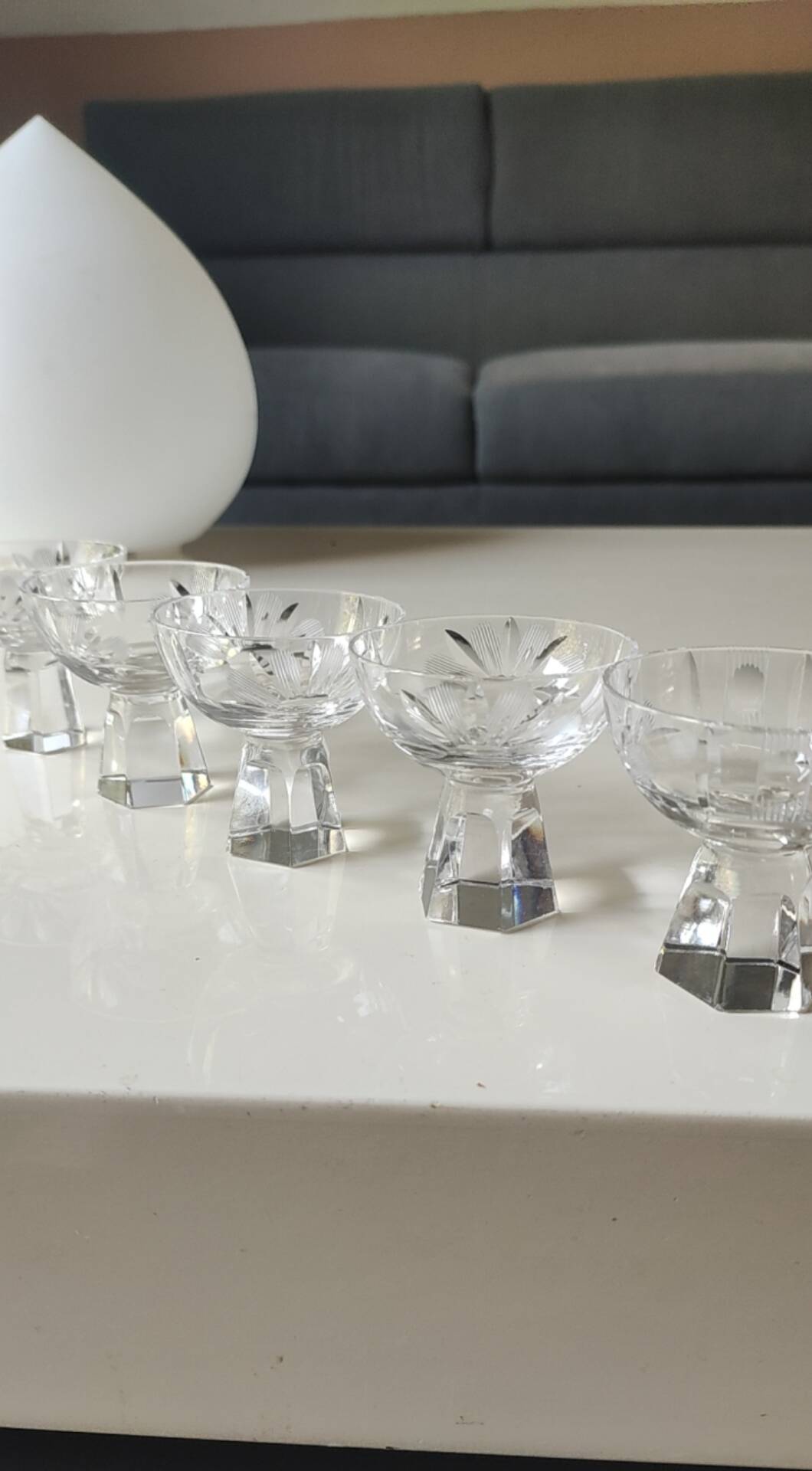 Lot of 5 Small Digestif/Liqueur Glasses. Cut Bohemian crystal. Floral.