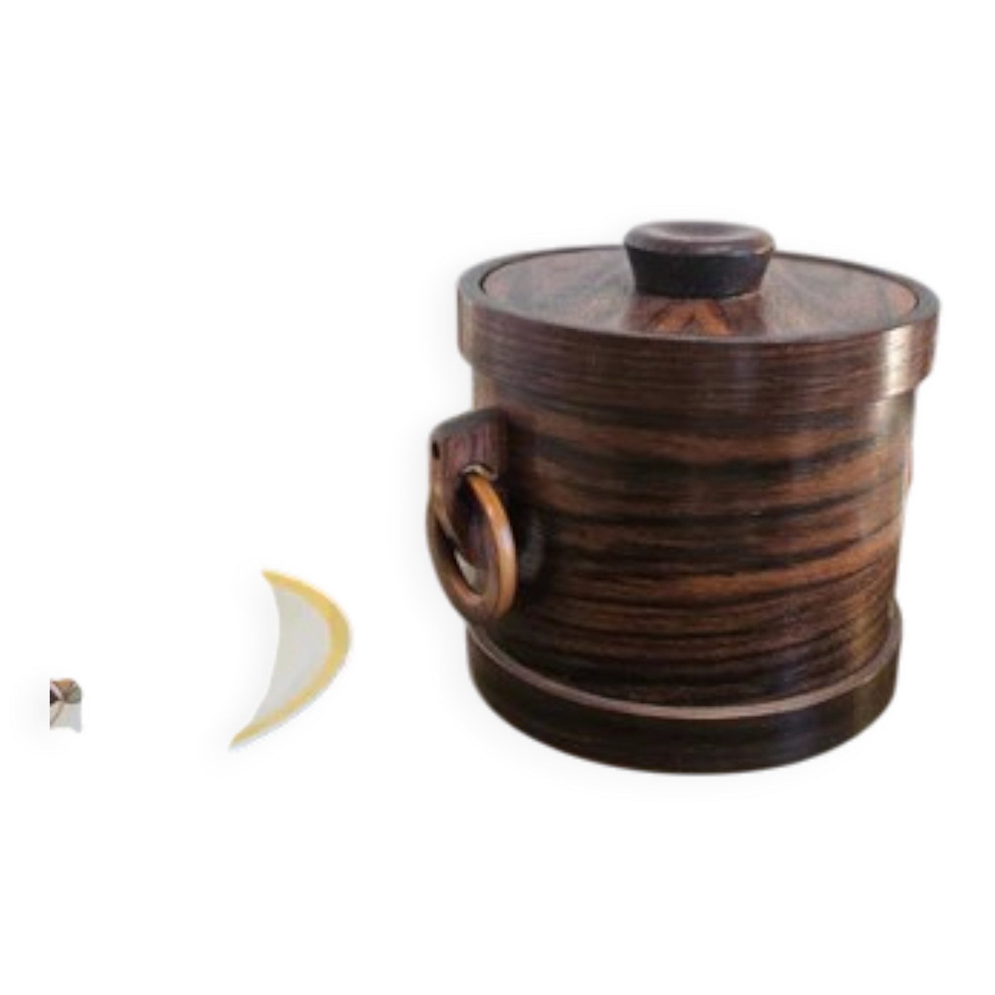 Vintage wooden ice bucket with ring handles - Mid-Century Modern