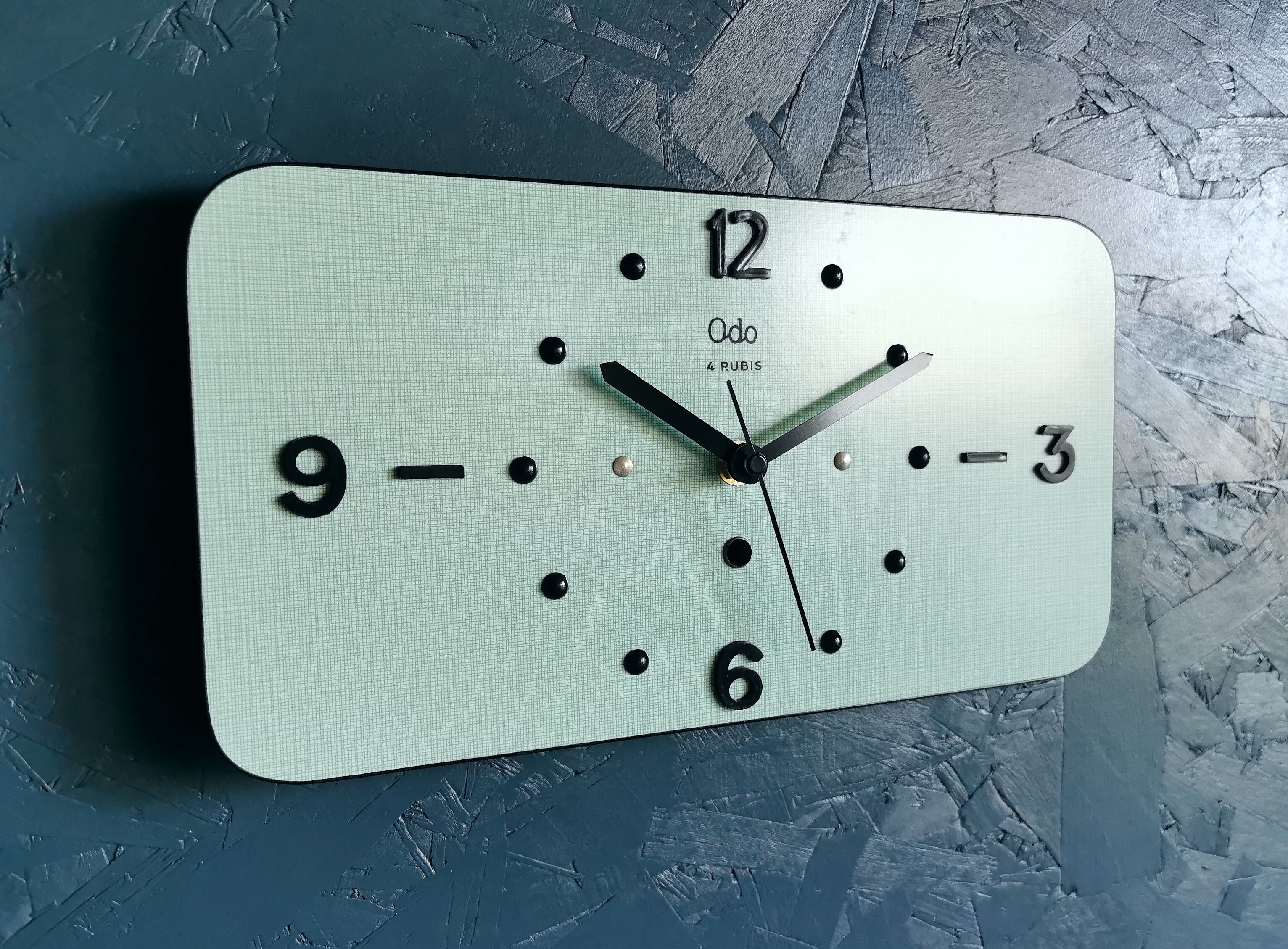 Vintage formica clock rectangular silent wall clock "Odo blue black"